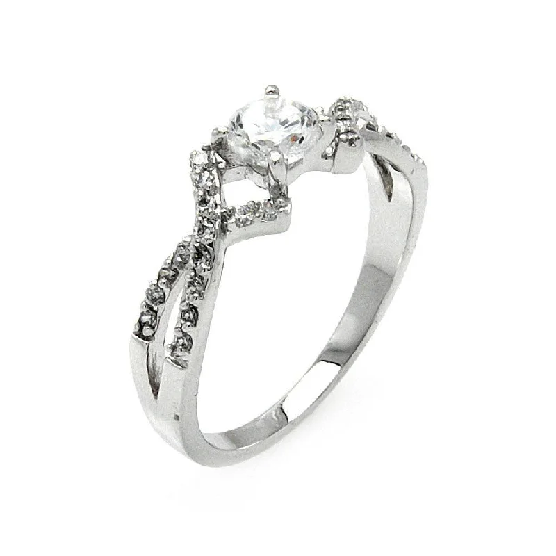 Ladies rings twisted band styles-Silver 925 Rhodium Plated Clear Round Center CZ Overlap Ring - BGR00473