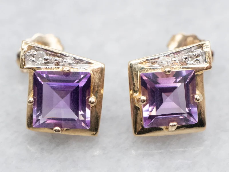 Ladies earrings raw diamond styles-Square Cut Amethyst and Diamond Stud Earrings