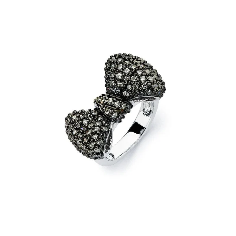 Ladies rings embossed design rings-Silver 925 Rhodium and Black Rhodium Plated 2 Toned Black Micro Pave Set CZ Bow Ring - BGR00579