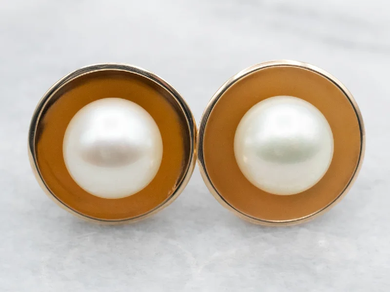 Ladies earrings glitter accent styles-Yellow Gold Saltwater Pearl Stud Earrings