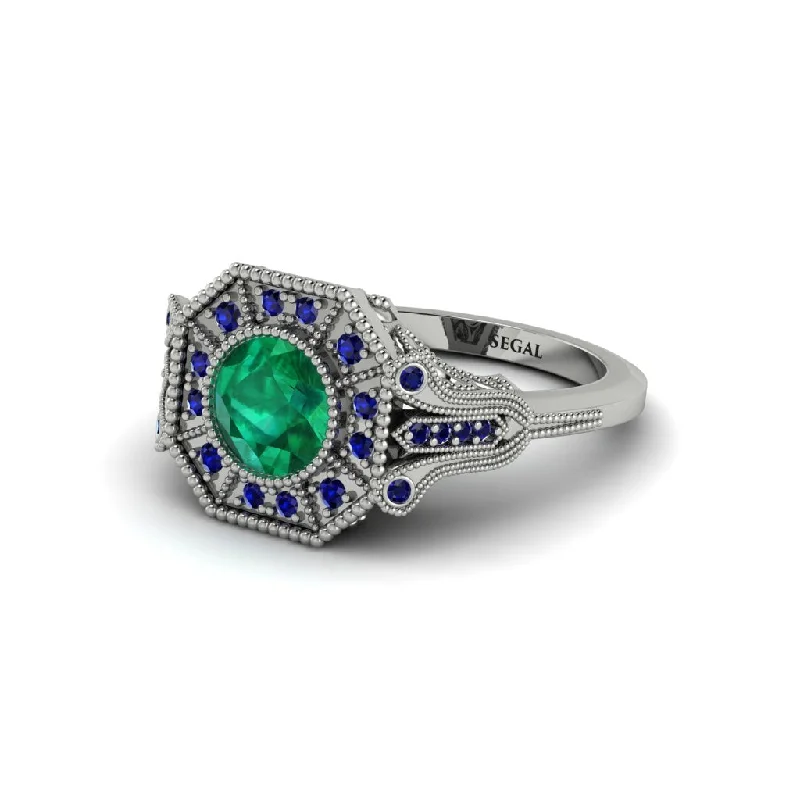 Ladies engagement rings halo settings-Emerald 14K Gold Art Deco Engagement Ring - Erin No. 66