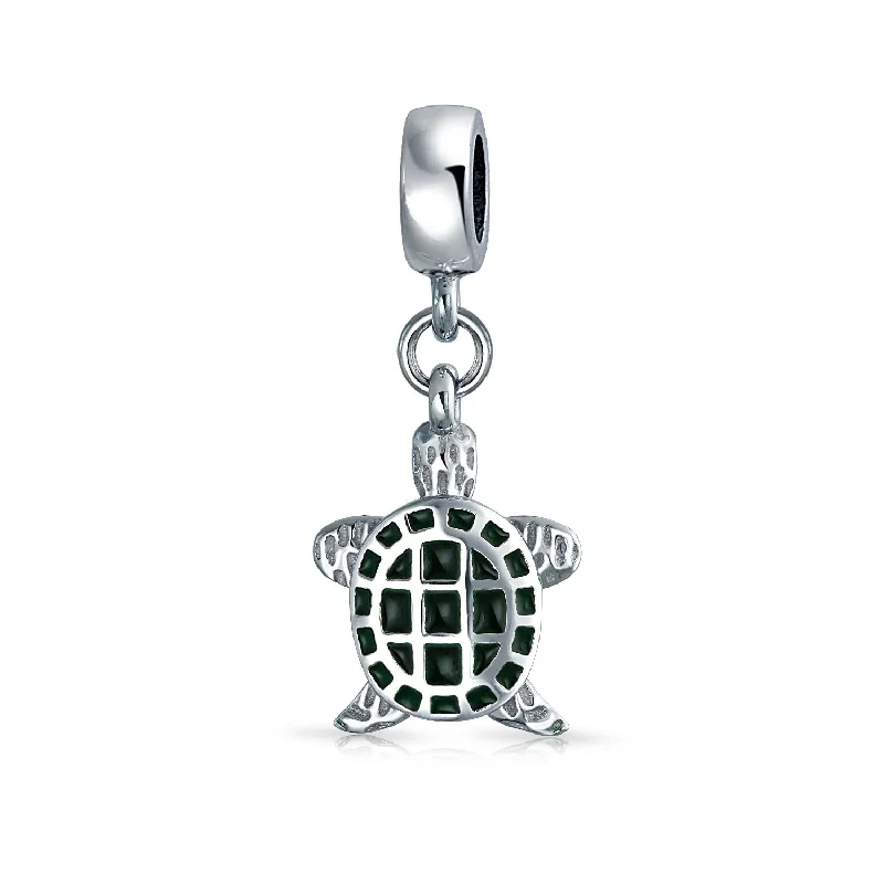 Ladies bracelets single stone designs-Nautical Green Turtle Dangle Charm Bead Sterling Silver for European Bracelet