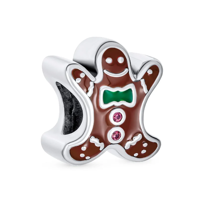 Ladies bracelets flat band bracelets-Gingerbread Man Christmas Charm Bead Brown Enamel Sterling Silver for Bracelets