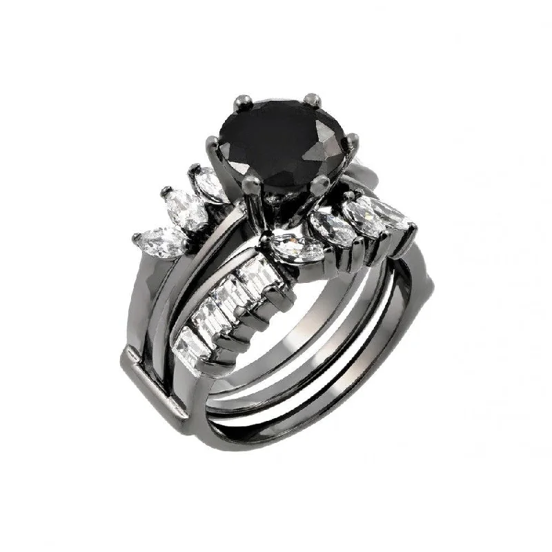 Ladies rings initial letter styles-Silver 925 Black Rhodium Plated Black Center Clear Baguette Marquise CZ Ring - STR00757BLK