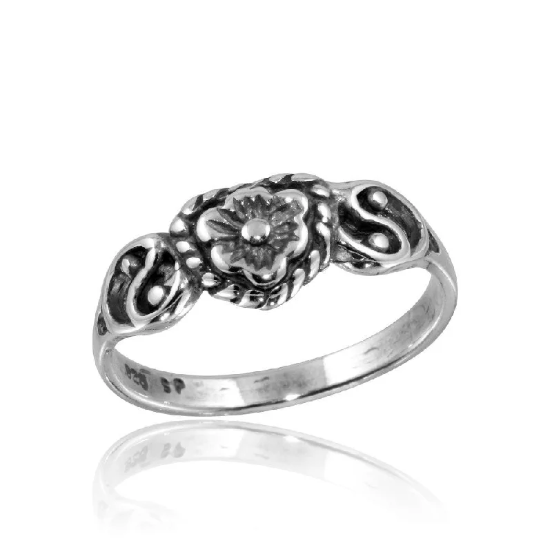 Ladies rings punk style vibes-High Polished 925 Sterling Silver Mini Flower Ring - CR00816