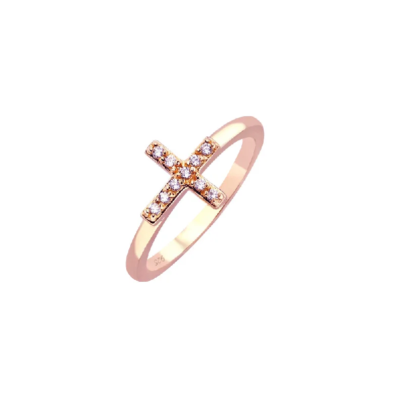 Ladies rings flat band rings-Silver 925 Rose Gold Plated Clear CZ Mini Cross Ring - BGR00614RGP