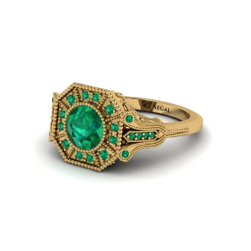 Ladies engagement rings delicate halo diamonds-Emerald 14K Gold Art Deco Engagement Ring - Erin No. 19