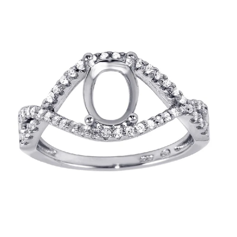 Ladies rings bohemian flair rings-Rhodium Plated 925 Sterling Silver Twisted Center Mounting Ring with CZ - BGR00933