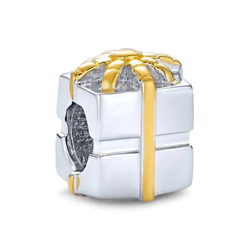 Ladies bracelets affordable price range-Ribbon Bow Gift Box Charm Bead Sterling Silver for European Bracelet Birthday