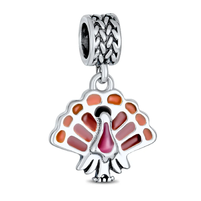 Ladies bracelets movable stone bracelets-Thanksgiving Turkey Dangle Charm Bead Brown Enamel for European Bracelet Silver