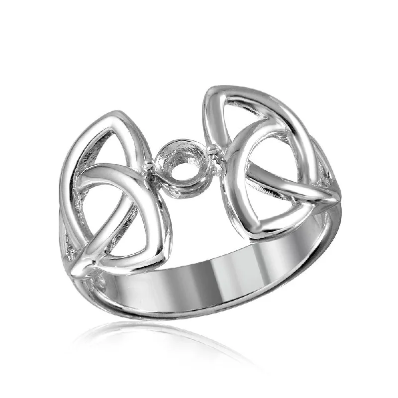 Ladies rings rigid frame designs-Silver 925 Rhodium Plated Triquetra Shank Single Stone Mounting Ring - BGR01212