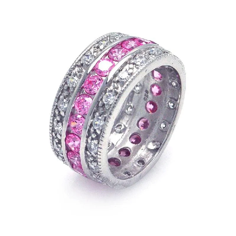 Ladies rings scratch-resistant styles-Silver 925 Rhodium Plated Clear and Pink CZ Channel Eternity Ring - STR00508PNK