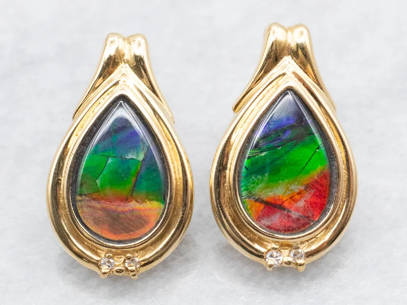 Ladies earrings cubist style designs-Modern Ammolite and Diamond Gold Stud Earrings