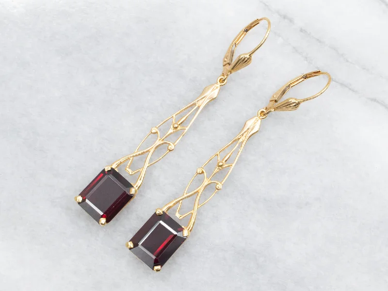 Ladies earrings rose gold finishes-Garnet Bar Drop Earrings