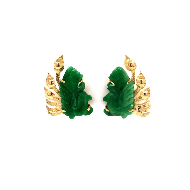 Ladies earrings five-stone designs-Estate Plumage Carved Jade Earrings in Yellow Gold