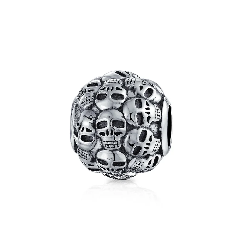 Ladies bracelets perfect gift choices-Round Barrel Skeleton Skulls Charm Bead Sterling Silver for European Bracelet