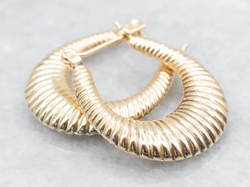 Ladies earrings gradient gem earrings-Vintage Ribbed Yellow Gold Hoop Earrings