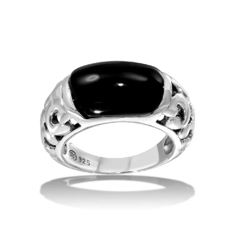 Ladies rings loose style rings-High Polished 925 Sterling Silver Black Stone Ring - CR00719