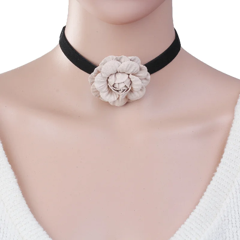 Ladies necklaces pave set designs-Sexy Sparkles New Style Black Choker Necklace with Peachy Beige Flower