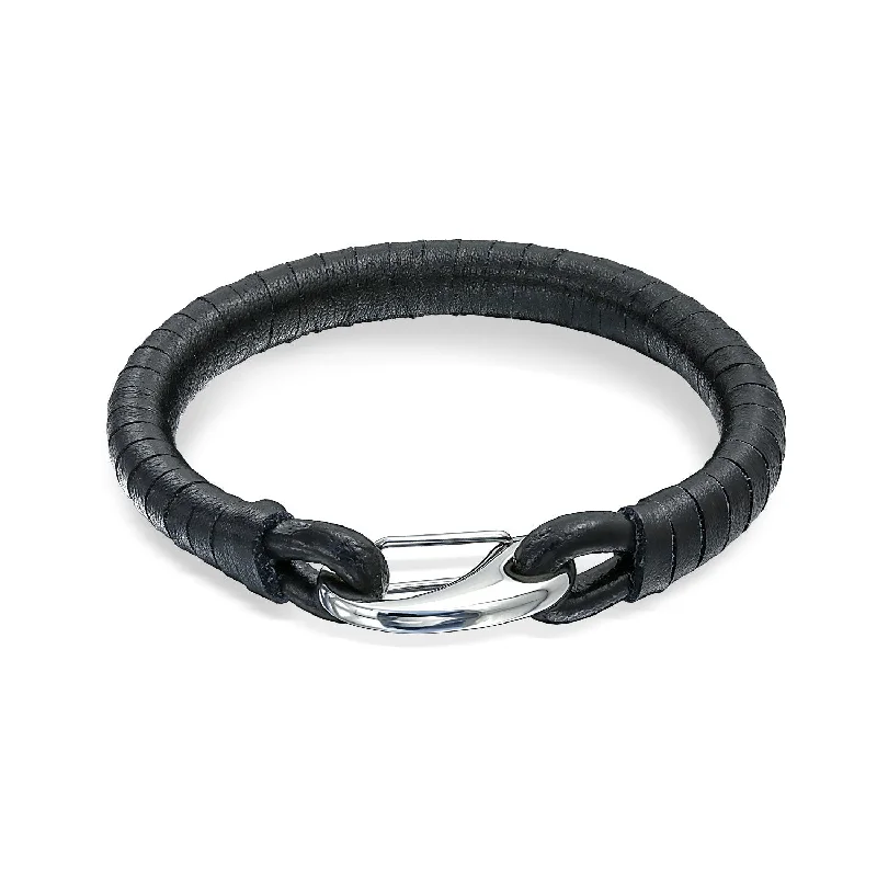 Ladies bracelets pop art bracelets-Unisex Black Woven Leather Cuff Bracelet with Large Stainless Hook Clasp