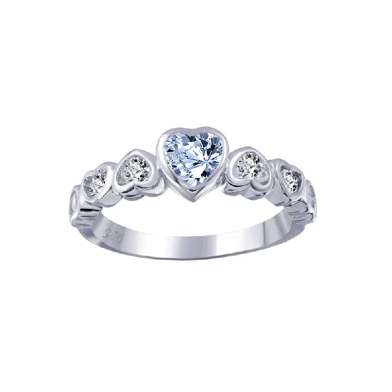 Ladies rings age-appropriate designs-Silver 925 Rhodium Plated Blue Center CZ Heart Ring - BGR00014B