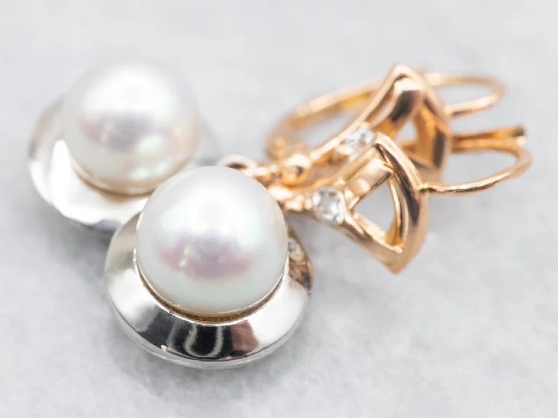 Ladies earrings eternity design picks-Mixed Metal Saltwater Pearl and Diamond Drop Earrings