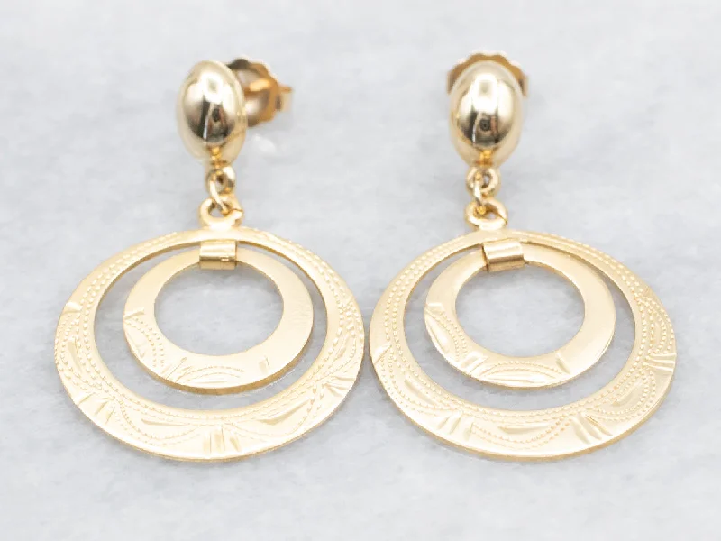 Ladies earrings heart-shaped accents-Etched Gold Circle Drop Earrings