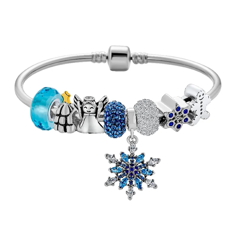 Ladies bracelets ethnic pattern designs-Elegant Blue Ice Snowflake Charm Bracelet with Crystal Beads and Silver Clasp