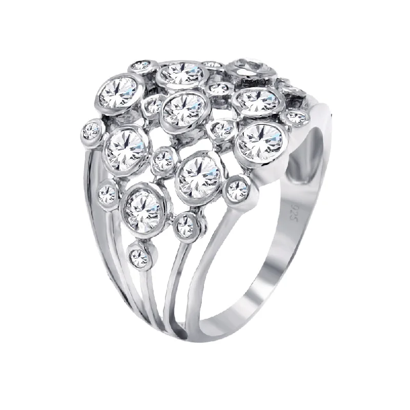 Ladies rings enamel detail rings-Silver 925 Rhodium Plated Multi Shaped Clear CZ Cigar Band Ring - BGR00383