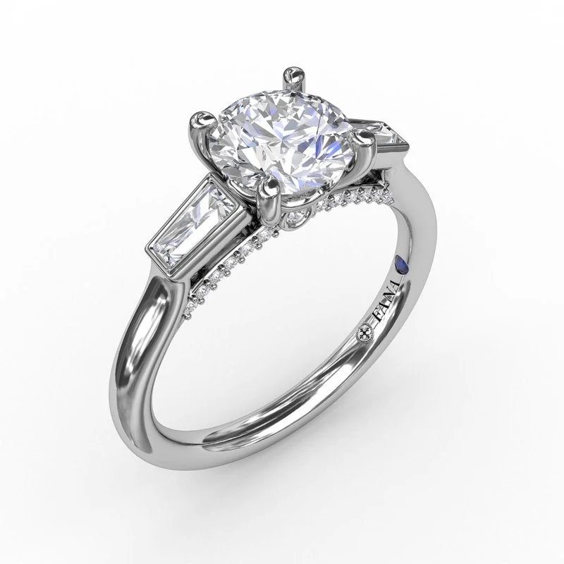 Ladies engagement rings white diamond halos-Three-Stone Round Diamond Engagement Ring With Tapered Baguettes