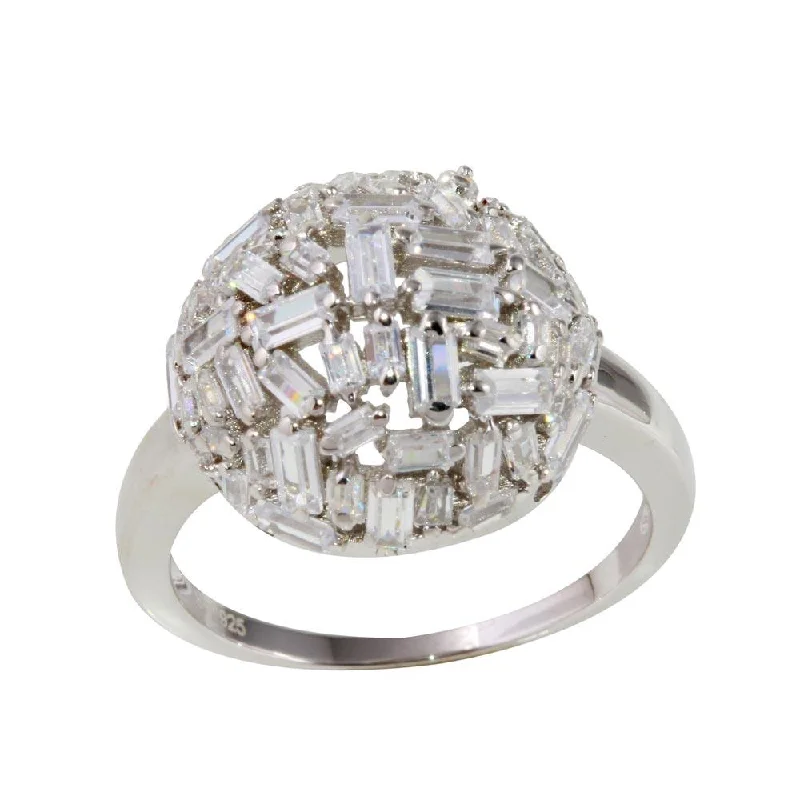 Ladies rings stackable ring sets-Rhodium Plated 925 Sterling Silver Half Sphere Ring with Rectangle CZ - STR01070