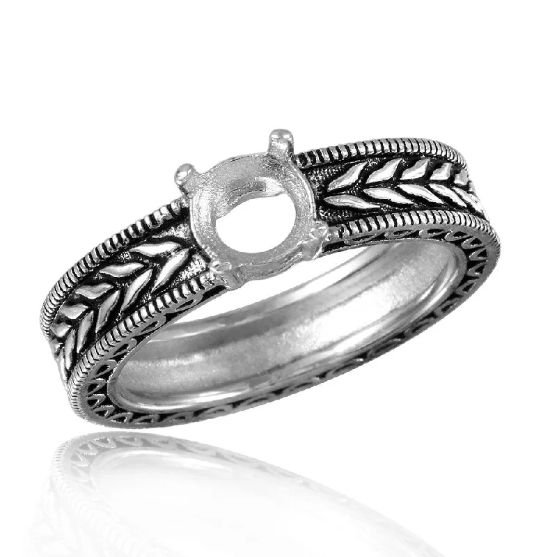 Ladies rings baroque inspired designs-Silver 925 Rhodium Plated Braided Band Design Round Stone Mounting Ring - BGR00484