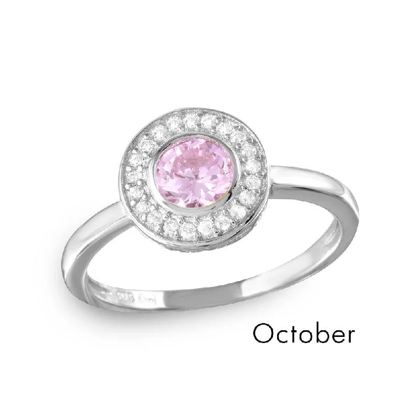 Ladies rings impressionist vibe rings-October Sterling Silver 925 Rhodium Plated CZ Center Birthstone Halo Ring - BGR01082OCT