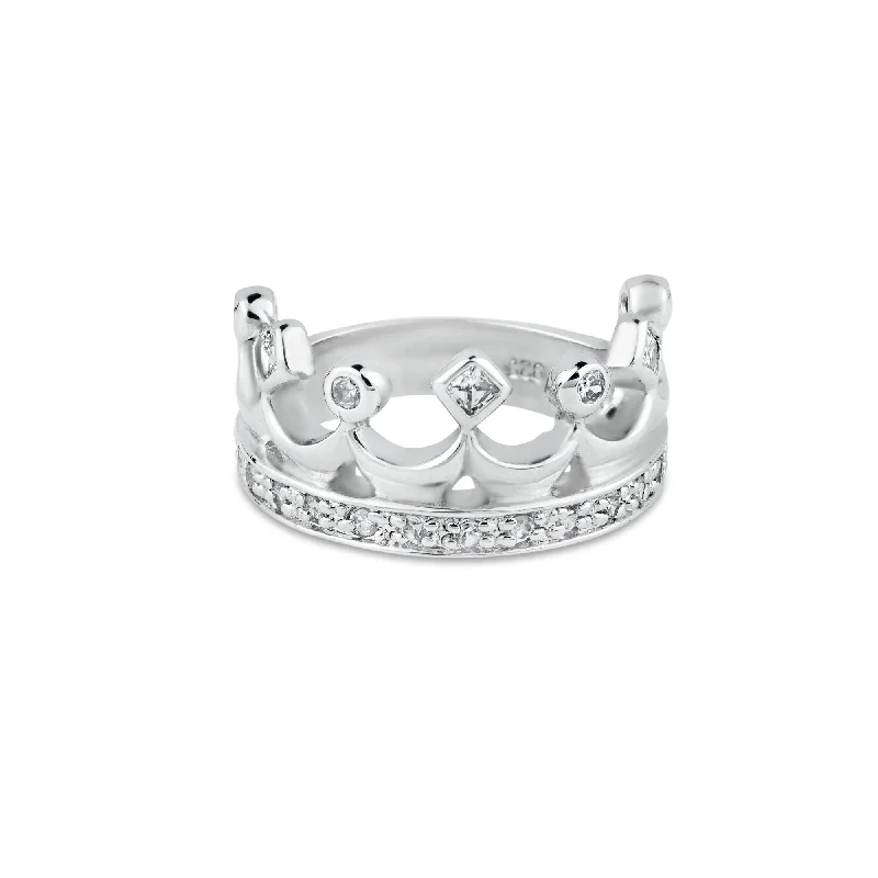 Ladies rings wear-resistant styles-Silver 925 Rhodium Plated Clear CZ Crown Ring - BGR00002