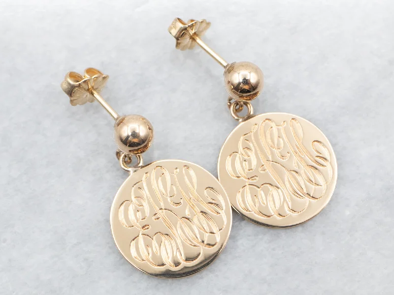 Ladies earrings shiny gold designs-Yellow Gold "EKH" Monogrammed Disc Drop Earrings