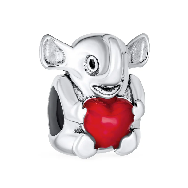 Ladies bracelets curved edge designs-Red Heart Elephant Charm Bead in Sterling Silver for European Bracelets