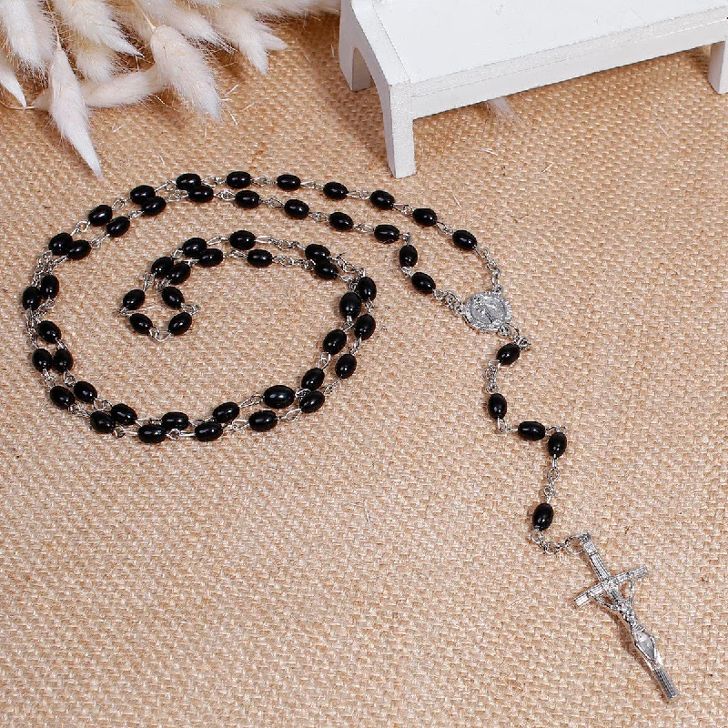 Ladies necklaces faceted gem styles-SEXY SPARKLES Christian/Catholic Jesus Religious Prayer Rosary Beads Y Shaped Lariat Black Color Necklace