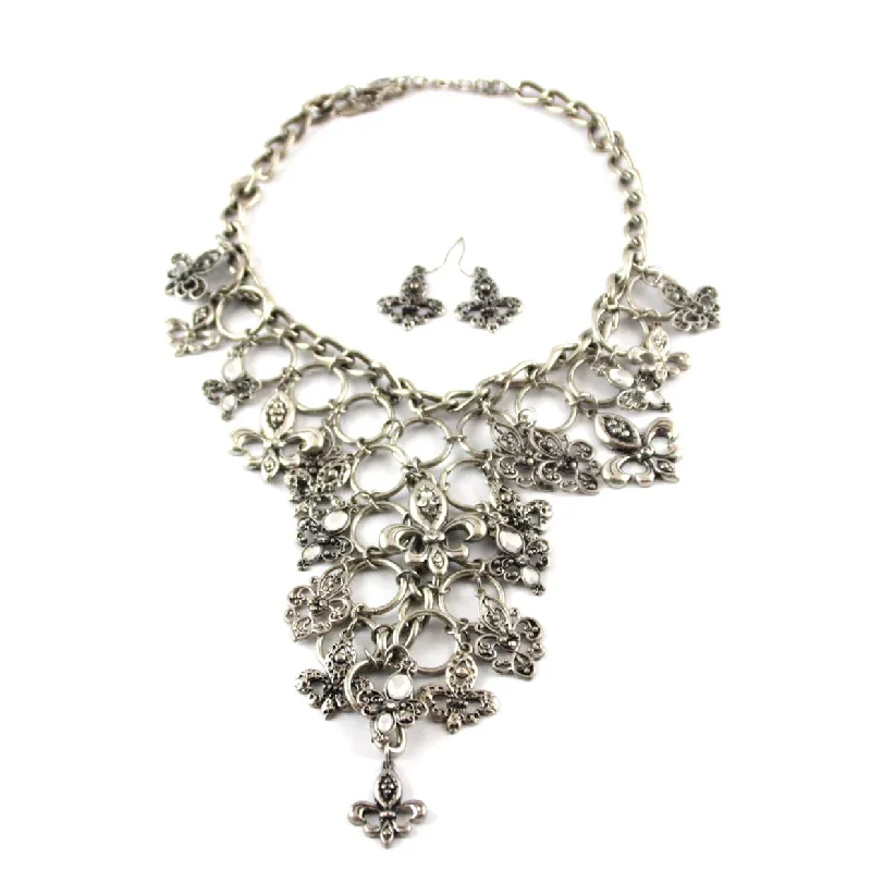 Ladies necklaces art deco elegance-Fleur De Lis Charm Necklace & Earrings