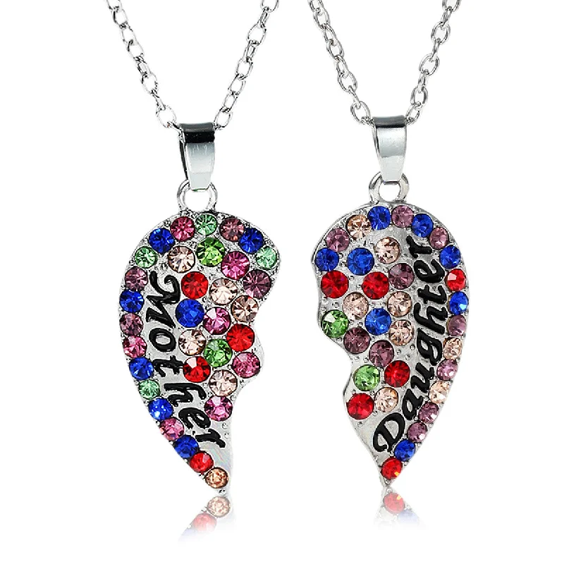 Ladies necklaces topaz vibrant designs-Necklace Long Link Cable Chain Broken Heart Message " Mother & Daughter " Pendants Multi Color Rhinestone