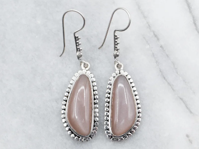 Ladies earrings monochromatic styles-Sterling Silver Moonstone Drop Earrings with Beaded Edge