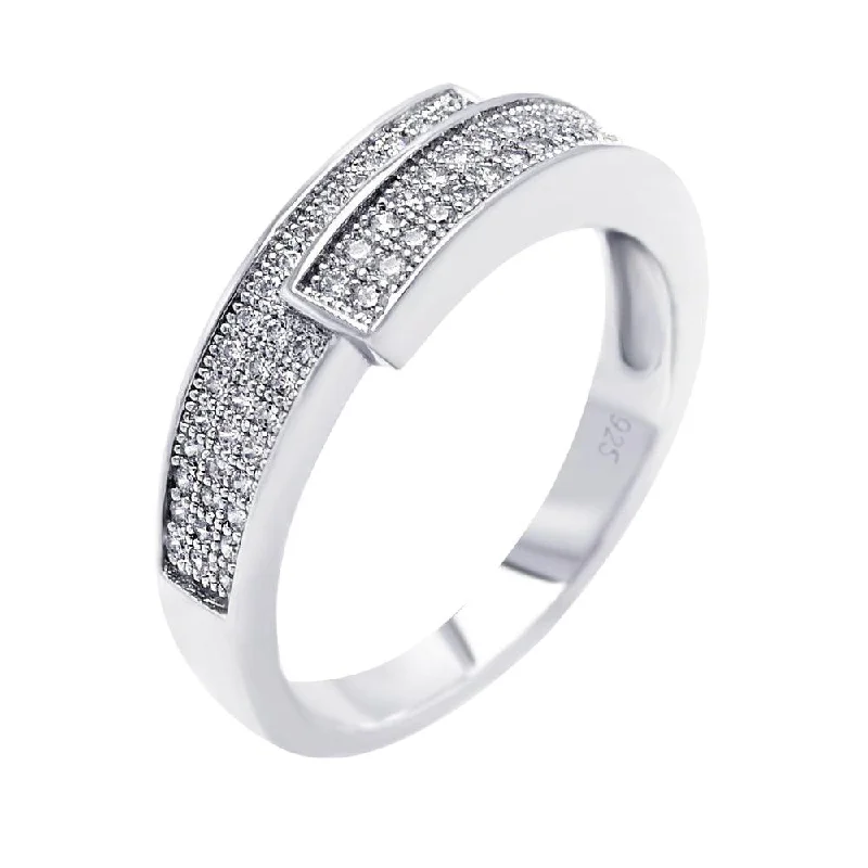 Ladies rings rose gold finishes-Silver 925 Rhodium Plated Micro Pave CZ Overlap Ring - ACR00035