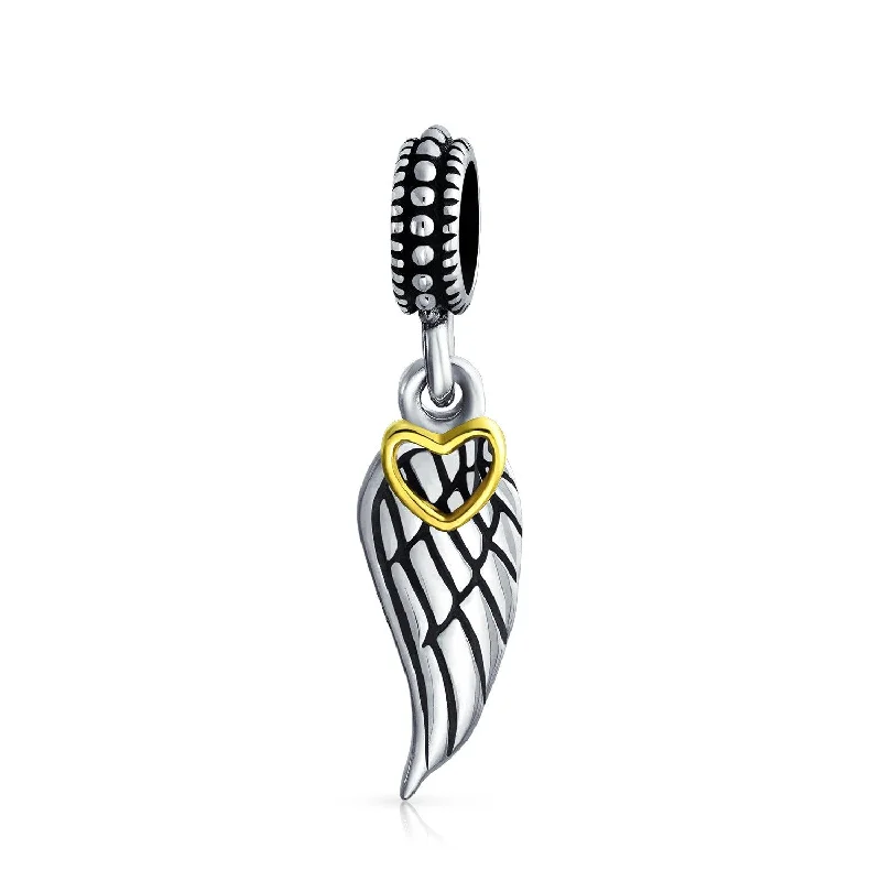 Two Tone Heart Dangle Charm Bead with Angel Wing Feather for European Bracelet