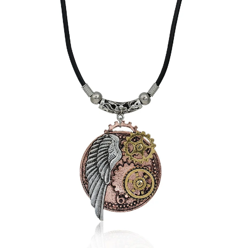 Ladies necklaces medium length styles-SEXY SPARKLES steampunk necklaces Black Cord Chain Multicolor Round Wing Gear Pendant for women