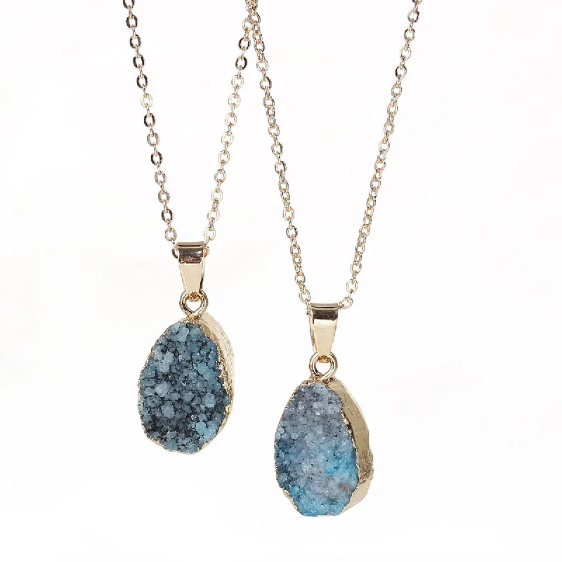 Ladies necklaces perfect gift choices-SEXY SPARKLES Natural Stone Druzy Drusy Necklace Pendant Link Cable Chain Peacock Blue Drop