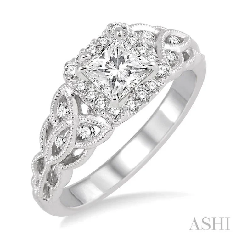 Ladies engagement rings floral motifs-1/4 Ctw Diamond Semi-mount Engagement Ring in 14K White Gold