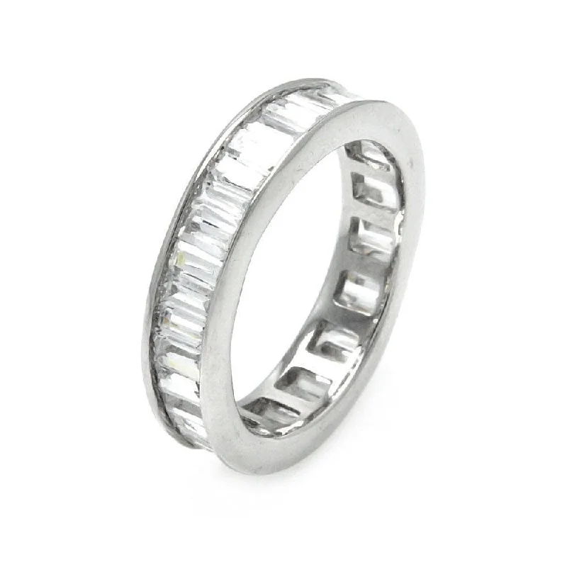 Ladies rings distressed look styles-Clearance-Silver 925 Rhodium Plated Channel Set Baguette CZ Stackable Eternity Ring - STR00124CLR