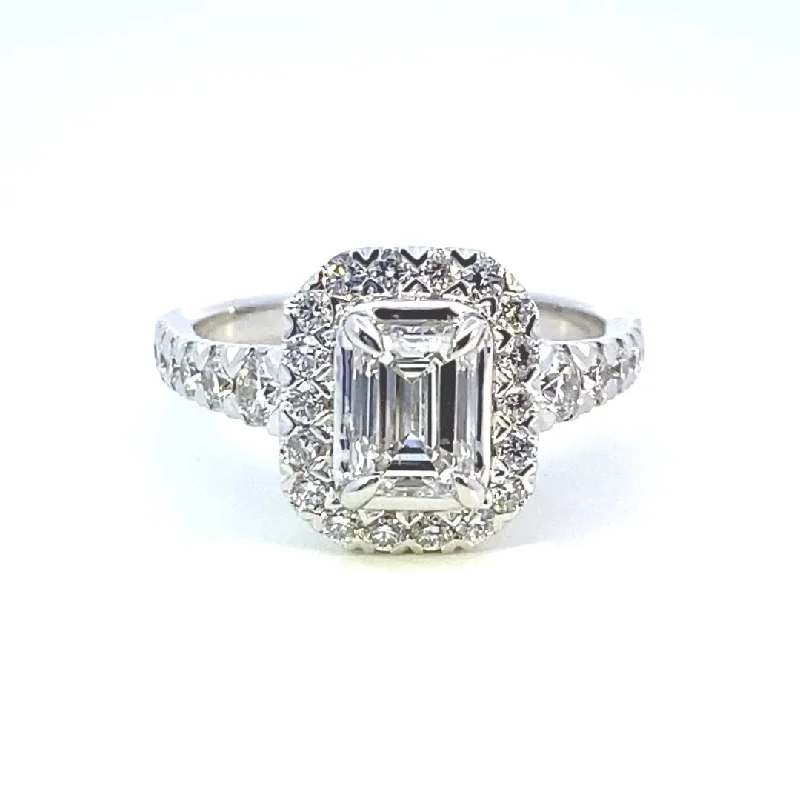 Ladies engagement rings geometric patterns-14K White Gold 1.76ctw Emerald Cut Lab Diamond Halo Engagement Ring