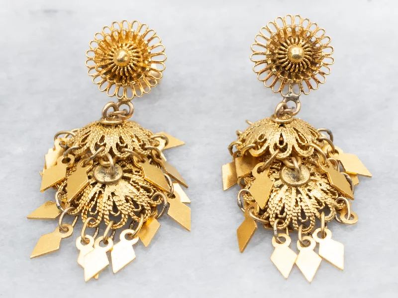 Ladies earrings conflict-free gemstones-Gold Filigree Chandelier Drop Earrings