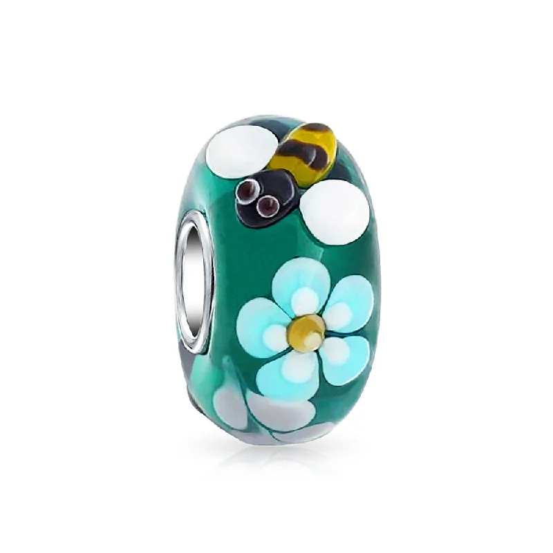 Ladies bracelets personalized touch options-Teal Silver Bee Flower Murano Glass Charm Bead for European Bracelets