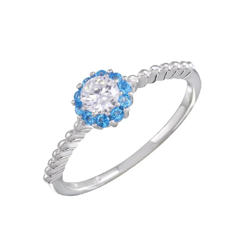 Ladies rings romantic floral styles-Rhodium Plated 925 Sterling Silver Round Blue and Clear CZ Ring - BGR01155